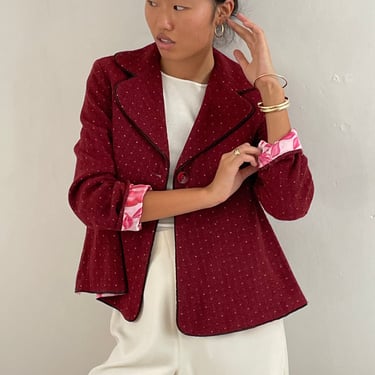 90s blazer / vintage garnet burgundy wool tweed cropped swing hot pink floral satin lining jacket blazer | Medium 