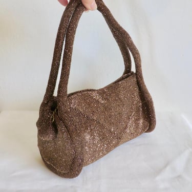 1940's Copper Brown Glass Beaded Barrel Purse Evening Formal Handbag Top Handle Soft Form 40's Fall Winter Purses Rockabilly 