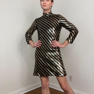 60s Saks Fifth Avenue gold and black sequin striped mod mini dress 