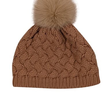 Raffaello Bettini - Light Brown Cashmere Cable Knit Beanie w/ Fox Fur Pompom