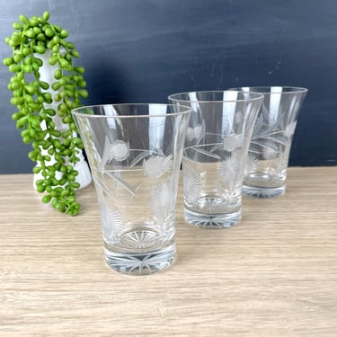 Glass tumblers with cut thistles - set of 3 - vintage barware 