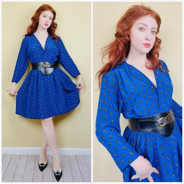 1980s Vintage Blue Toni Domino Print Dress / 80s / Eighties Fit and Flare Poly Silk Mini Dress / Size Large 