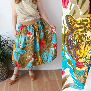 SIZE L/XL René Derhy Tiger Print India Cotton Midi Skirt - Tropical Unique Novelty Print Skirt 
