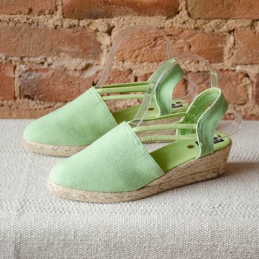lime green espadrilles | 80s 90s vintage Sesto Meucci neon green canvas jute closed toe wedges size 7.5 