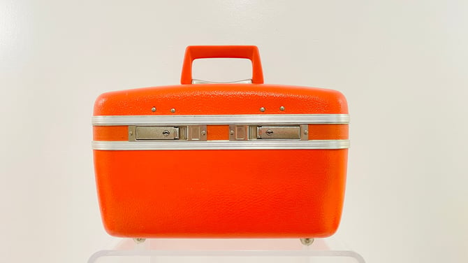 Vintage 1960s MID Century Modern Travel Orange Train Mirror Case Carry On Luggage Cosmetic Makeup Samsonite 