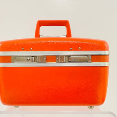 Vintage 1960s MID Century Modern Travel Orange Train Mirror Case Carry On Luggage Cosmetic Makeup Samsonite 