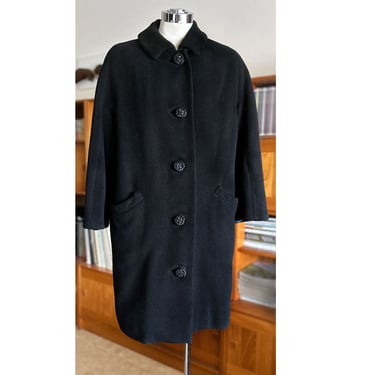 CASHMERE Black Coat SAKS FIFTH Ave 1950's, 1960s, Long Warm Overcoat Classic Designer 100% Cashmere wool 