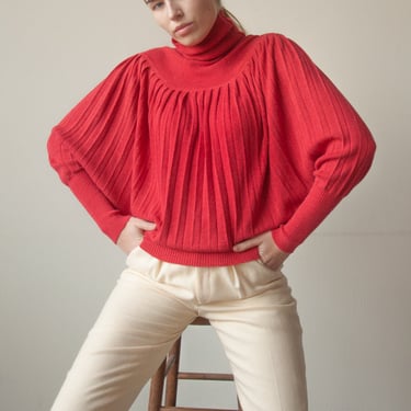 6640t / red pleated batwing sleeve sweater / s / m 