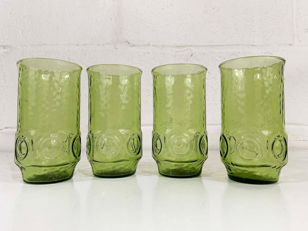 Vintage MCM Anchor Hocking shops Georgian Avacado Green Lowball Glasses Set of 6