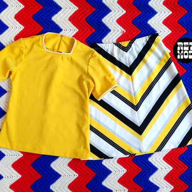 Chic Vintage 70s Bright Yellow White Black Stripe Skirt Set by JC Penneys 