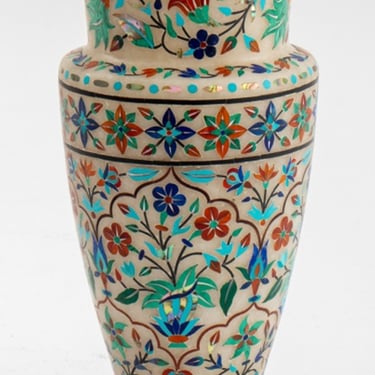 Indian Alabaster Vase w/ Semi-Precious Stone Inlay