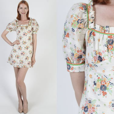 Bright Floral Print Micro Mini Dress / Vintage 70s Puff Sleeve Boho Sundress / Summer Lounge GoGo Prairie Dress 