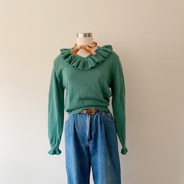 Vintage Ruffle Sleeve and Neck Teal Sweater 