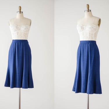 navy blue silk skirt | 70s 80s vintage dark blue dupioni silk academia librarian preppy style flounced knee length skirt 