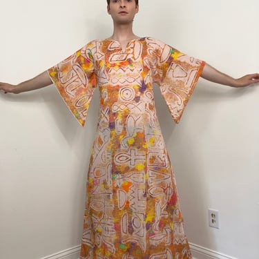 Rare 70s Novelty print kaftan with wizard sleeves 