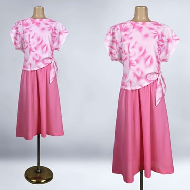 VINTAGE 80s Pink Tropical Side Tie Dress by Greg Michael Size 11/12 | 1970s 1980s Floral Full Midi Dress | VFG 