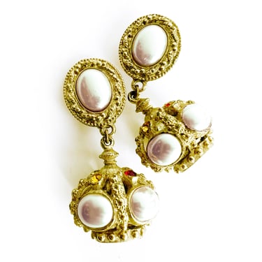 BUTLER & WILSON Signed 1980's Large Crown Shaped Dangle Clip Earrings With Faux Pearls and Multi-color Rhinestones, Regal, English Jewelry 