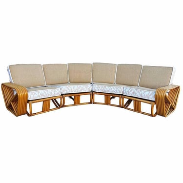 Restored 6-Strand Square Pretzel Rattan Corner Sectional Sofa 