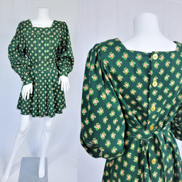 1970's Green Cotton Ditsy Floral Print Short Smock Dress I Sz Lrg I Paintset Jrs. 