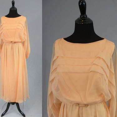 70s Romantic Chiffon Maxi Dress - Light Orange Sherbet Peach - Sheer Sleeves - Party Formal - Vintage 1970s - M 