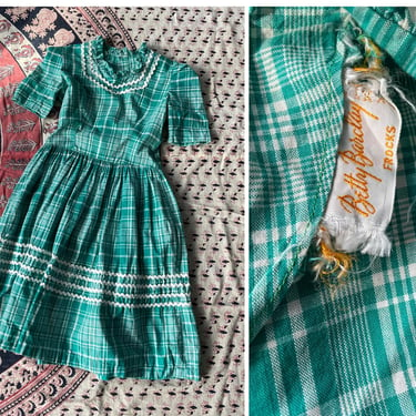 True vintage 1950’s Betty Barclay Frocks dress | soft green plaid cotton with white ric rac trim, girls or juniors XXS 