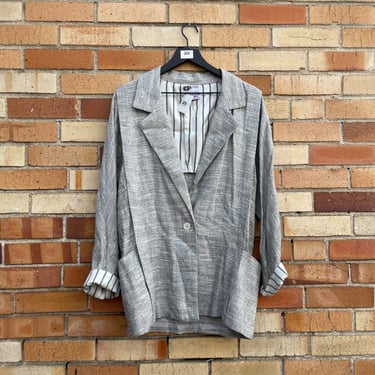 vintage 80s grey linen woven summer blazer / s m small medium 