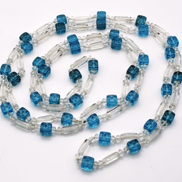 1920's dice discs & rectangles flapper necklace, long Art Deco blue and clear glass bead chain 