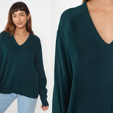 Dark Green Pullover Sweater 90s V Neck Knit  Slouchy Plain Basic Simple Casual Knitwear Long Sleeve Jumper Acrylic Vintage 1990s Large L 