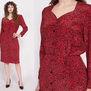 80s Red & Black Sweetheart Neck Midi Dress - Medium | Vintage Button Up Long Sleeve Grunge Secretary Dress 