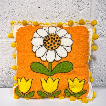 Vintage Daisy and Tulip Terry Cloth Pillow