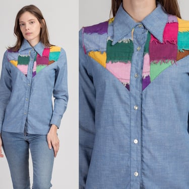 70s Chambray Patchwork Yoke Shirt - Small | Vintage Boho Blue Lightweight Button Up Long Sleeve Top 