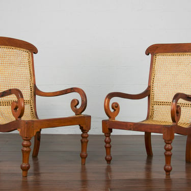 19th Century French Colonial Walnut Reading Cane Armchairs - A Pair 