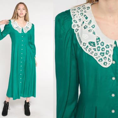 Lace Collar Dress Green Y2K Midi Dress Pleated Secretary Modest Button Up Vintage Slouchy Puff Sleeve 00s Shirtwaist Medium 8 