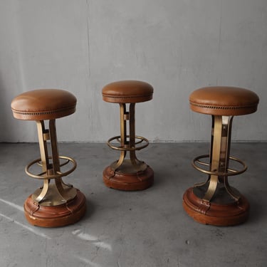 Set of 3 1980's Nautical Style Brass Barstools 