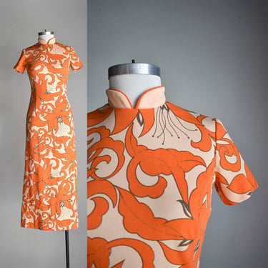 1970s Orange Alfred Shaheen Maxi Dress 
