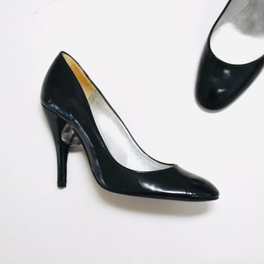 90s y2k Vintage Charles Jourdan Black Patent leather High Heel Shoes Pumps size 7 Made in France Black High Heels Clear lucite Ball Heels 