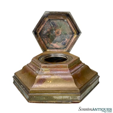 Antique Traditional Brass Hexagonal Fountain Pen Desk Inkwell