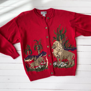 red embroidered sweater | 80s 90s vintage P'Galli lion animal safari dark academia streetwear aesthetic cardigan 