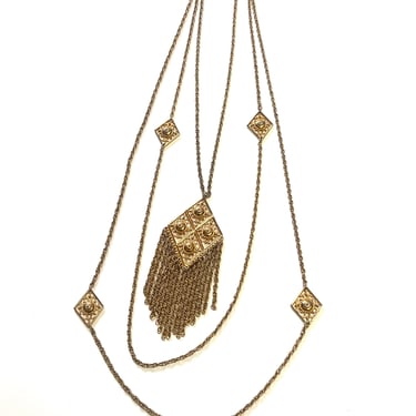 Vintage Multi Layer Necklace, Gold Fringe Chain Necklace, Long Necklce, Gypsy Necklace, Vintage Chain Necklace. Chain Fringe Dangke Pendant 