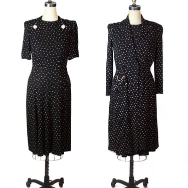 1930s Dress Coat Set ~ Black and White Dainty Floral Printed Rayon Matching Outfit Set 