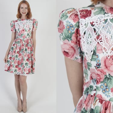 Jessica McClintock Garden Lace Collar Midi Dress Cream Rose Print Gunne Sax Frock Vintage 80s Victorian Style Outfit 