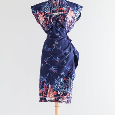 Rare 1950's Lauhala Hawaiian Novelty Print Cotton Sarong Dress With Bolero / Waist 30