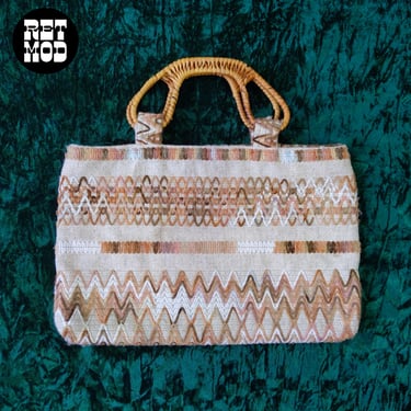Vintage 70s 80s Beige Embroidered Chevron Patterned Burlap Purse with Wicker Handles 