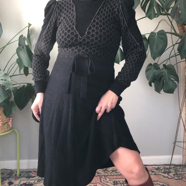 1970's Black Acrylic Knit Puff Sleeve Dress / 1970's Knit Dress / XS Small Medium by Ru