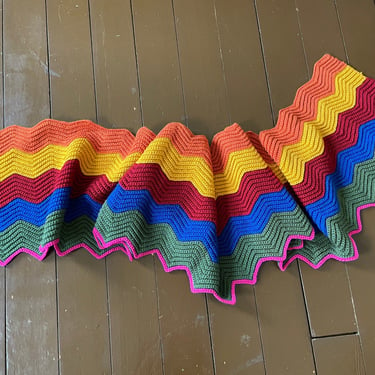 Vintage ‘70s rainbow zig zag crochet afghan, long & narrow | colorful handmade throw, hippie, 1970’s 