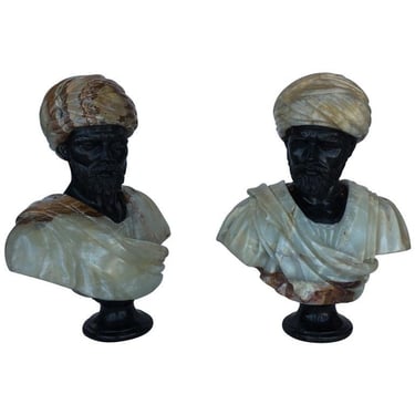 Pair of Hand Carved Marble and Onyx Moros Bust