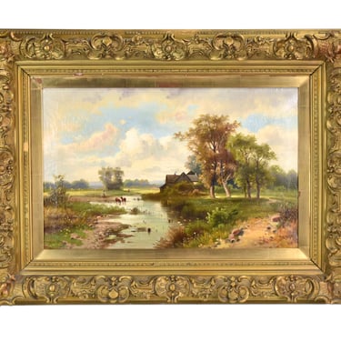 19th Century Pastoral Landscape Oil Painting Cows Wading in Stream 