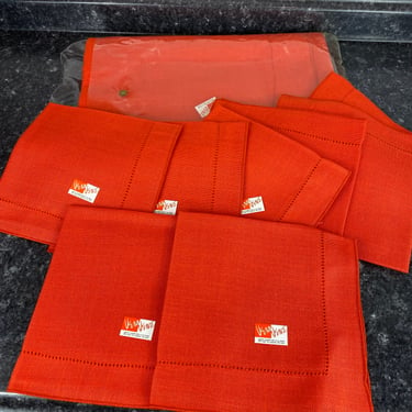 Vintage Vera Neumann Orange Oval Tablecloth + 8 Napkin Set, Vera Orange Set, 60 x 82 Oval Tablecloth, Stitch-craft Border, Bright Orange 