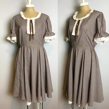 Vintage Gingham Brown and White Square Dance Dress Size Medium 