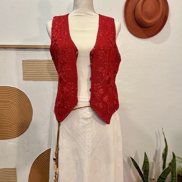 Heriloom Collectibles Red Embroidered Rose Floral Button Front Vest Medium 